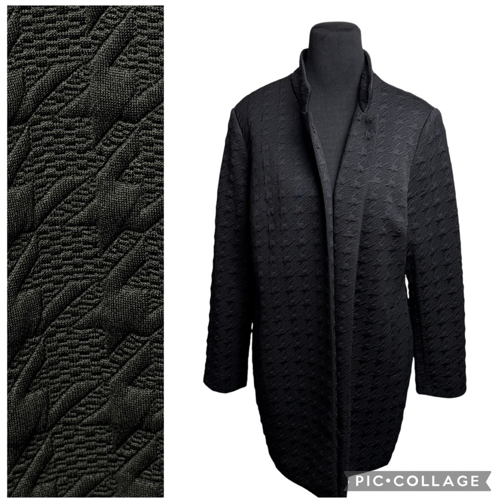 Chicos Blazer Coat OpenFront Long Cardigan Black Pockets Textured Old Money XL 3